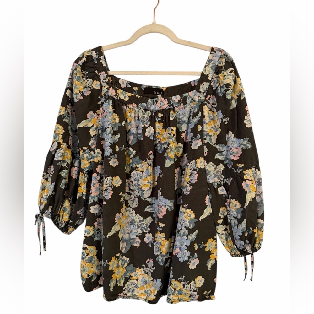 Erika Black Floral Blouse with Square Neck Medium